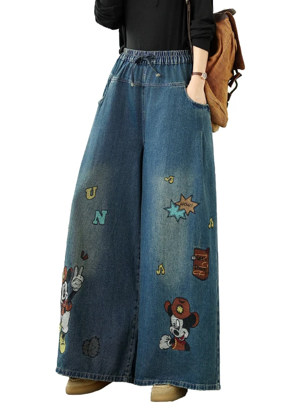 

Retro Embroidered Distred Denim Jeans Women's Loose Elastic Waist Wide Leg Pants Autumn New Sle plus Size Casual Jeans