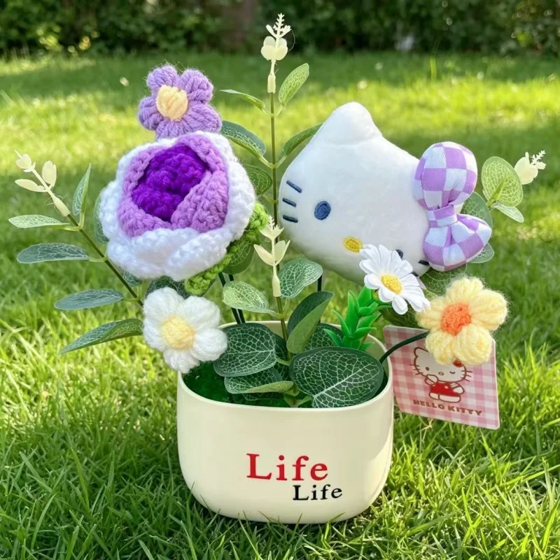 Echte Hellokitty Plüschtiere mit Gehäkelten Blumen Kreative Sträuße Tischdekoration für Zuhause Weihnachts- Geburtstags- und Neujahrsgeschenk – Detail 4