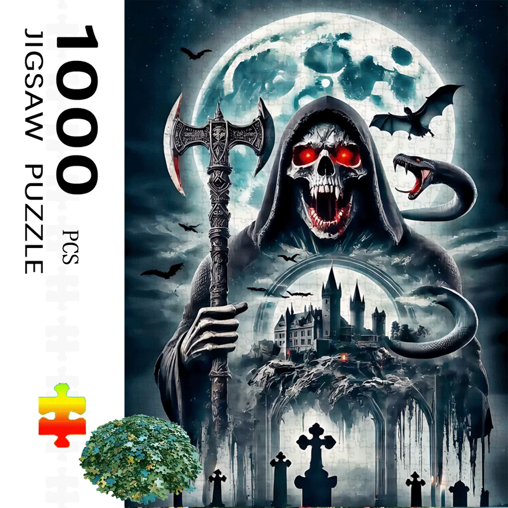 

Готическая головоломка «Череп и Томмагавк», 1000 шт., сцена «Жуткий замок», «Кеveyard», «Летучие мыши и полнолуние», яркие цвета, сложный Brai