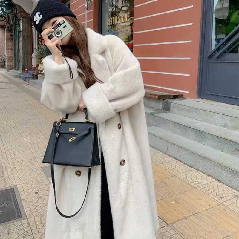 Suit collar long coat autumn winter imitation rabbit fur thickened warm temperament advanced environmentally friendly fur jacket