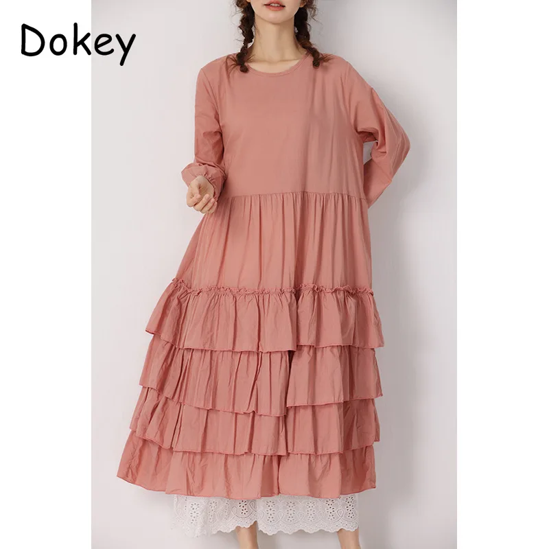 Vintage Ruffled Cake Cotton Linen Dress Women Spring Japanese Mori Girl O-Neck Long Sleeve Loose Long Dress Casual Vestido Mujer