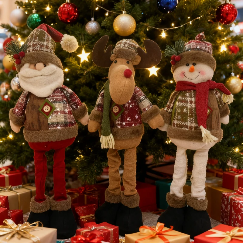 3pcs Christmas Scalable Standing Christmas Dolls, Snowman Old Man Reindeer Retro Christmas Character Decoration Snowflake Grid C
