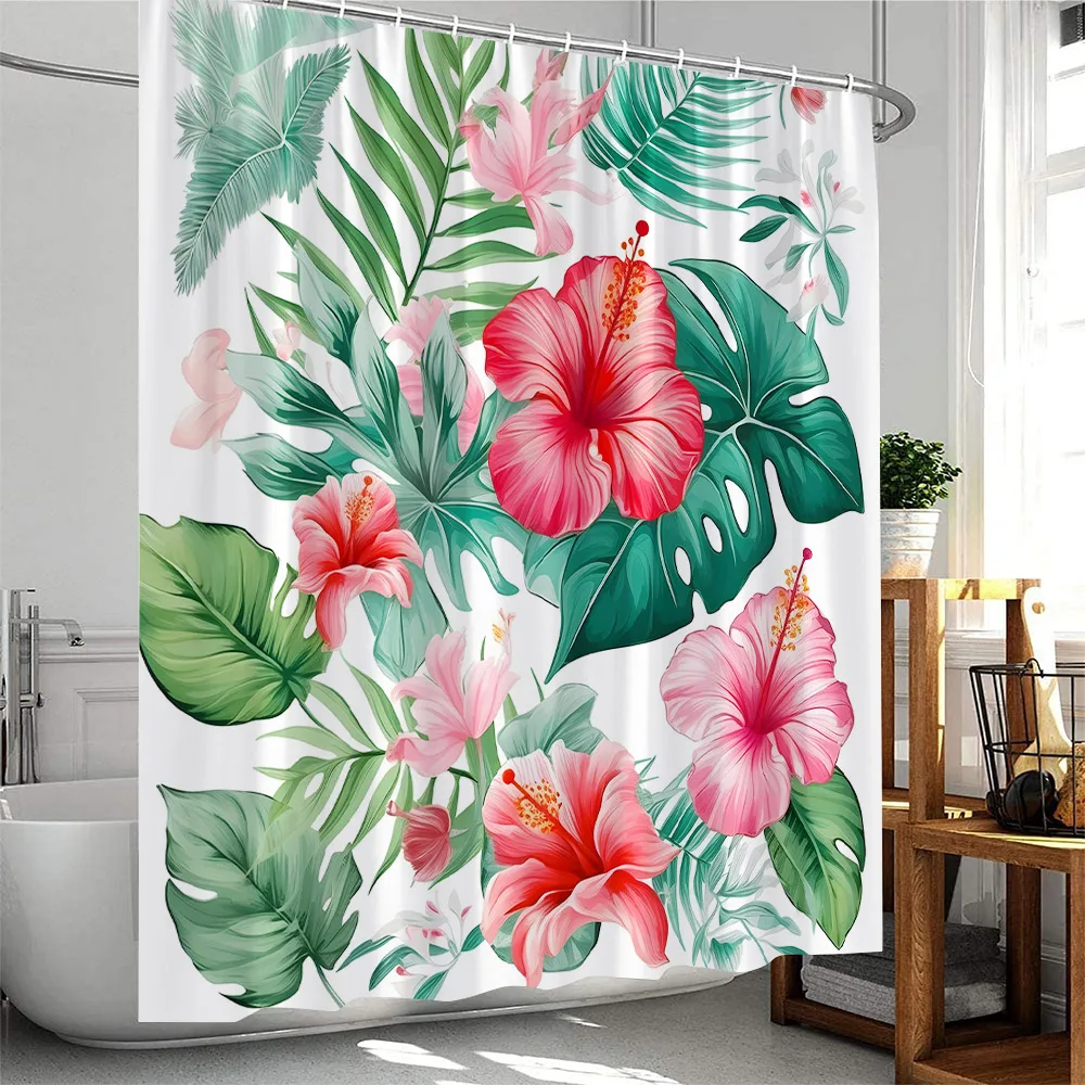 Green Plants Shower Curtain Tropical Leaves Cactus Succulent Flower Botanical Bathroom Decor Polyester Bathtub Curtain with Hook