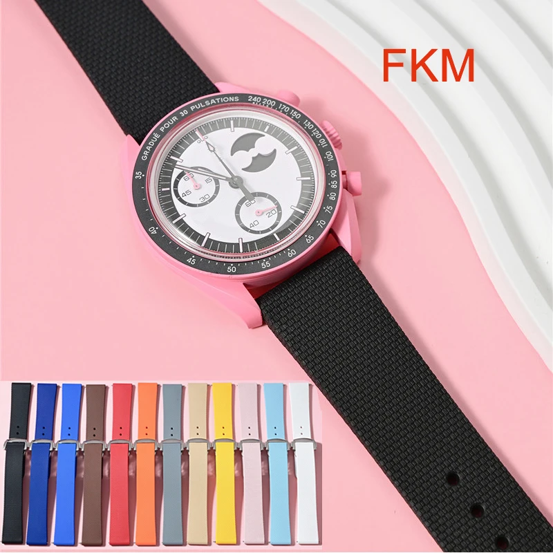 20mm Fluoro Rubber Strap for Omega X Swatch MoonSwatch Texture FKM Deployment Buckle Replace Watch Band for Men Women
