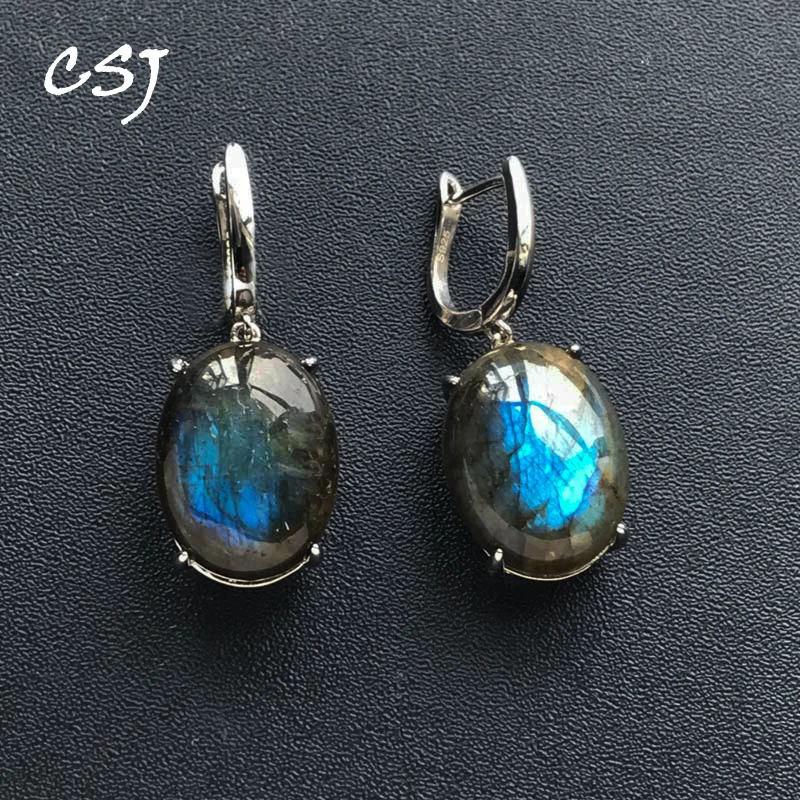 

CSJ Genuine Natural Blue Labradorite Earring Sterling 925 Silver Gemstone Oval13*18mm for Women Birthday Party Jewelry Gift