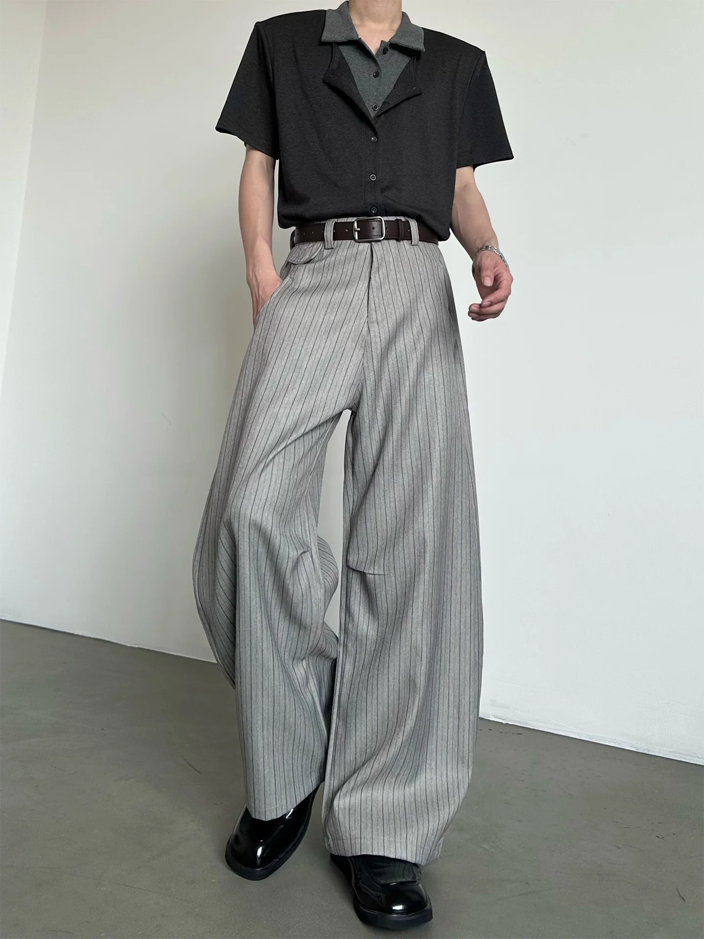 MARTHENAUT Youth Casual Loose Fit Trousers Slouchy Knife Pleat Wide Leg Pants Vertical Stripes Design Sensation Fashionable L...