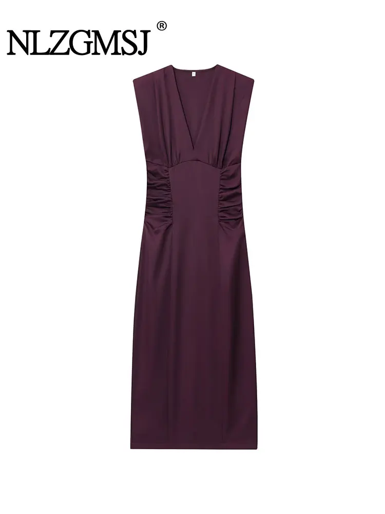 NLZGMSJ Casual Chic mujer Cami vestido sólido con cuello en V cremallera pliegues sin mangas Vestidos largos moda 2025 otoño vestido plisado
