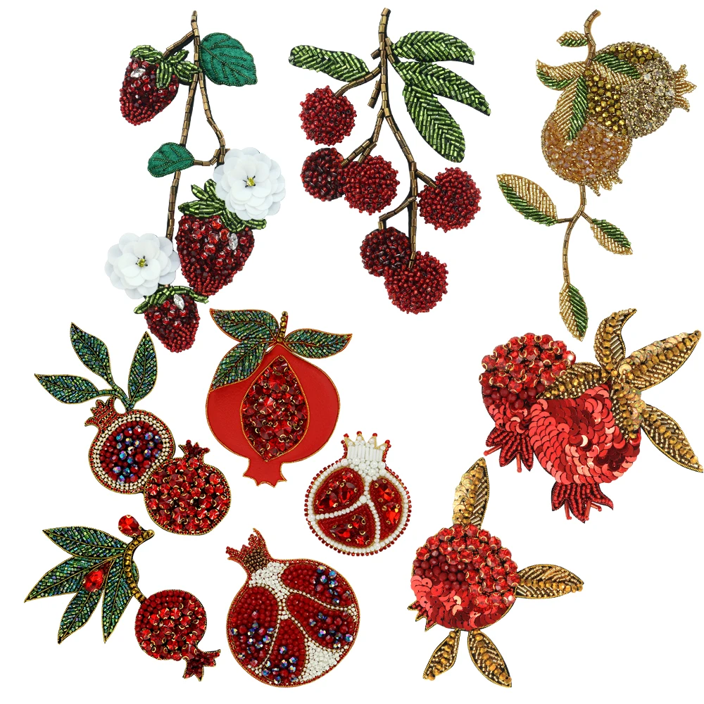 Rhinestones Crystal Beaded Pomegranate Patch Exquisite Lychee Srawberry Fruit Badge Sew on Applique for Clothes DIY Bag Deco