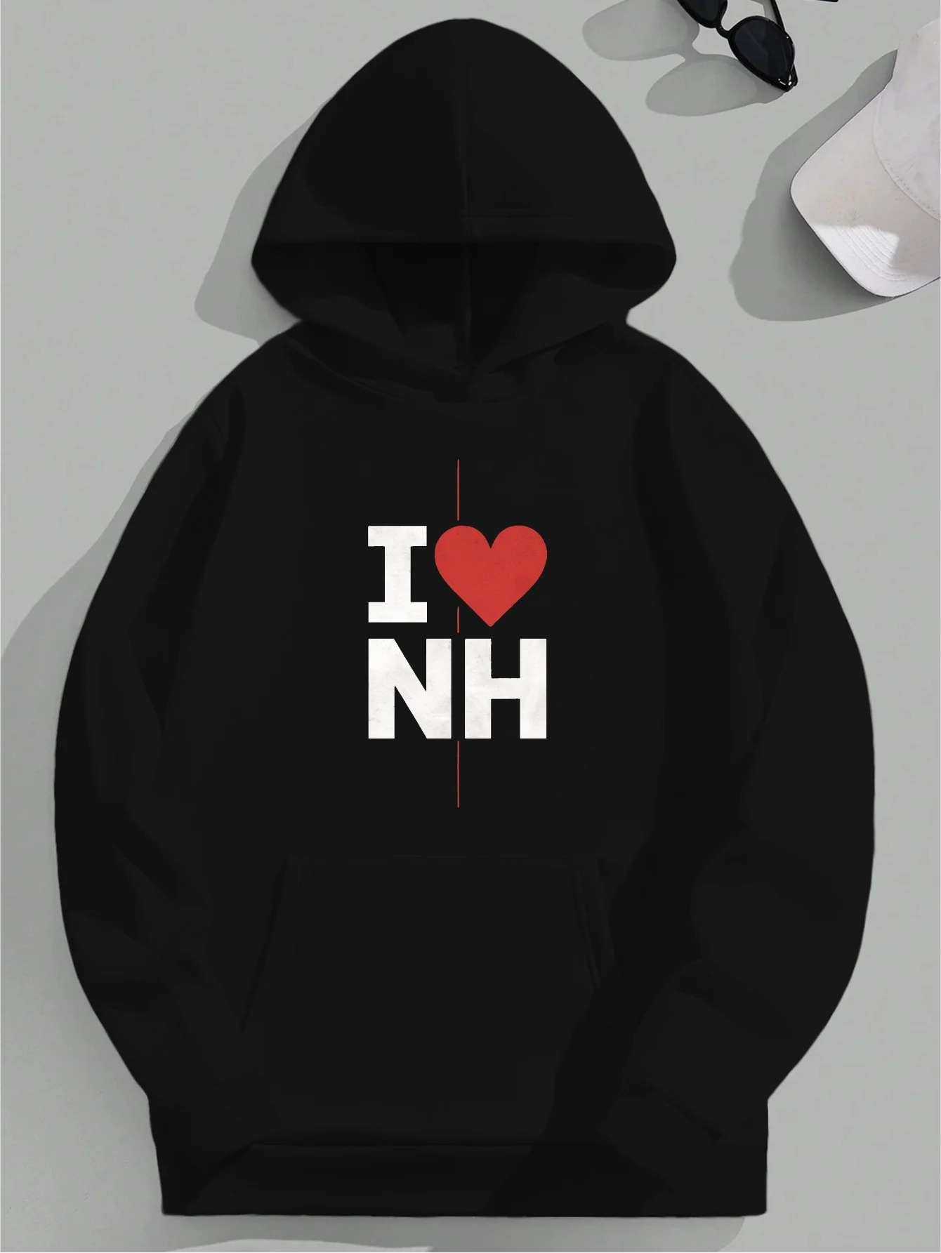 

Men's large-sized hooded sweatshirt - Hooded top with NH state pride pattern, kangaroo pocket design for everyday casual wear