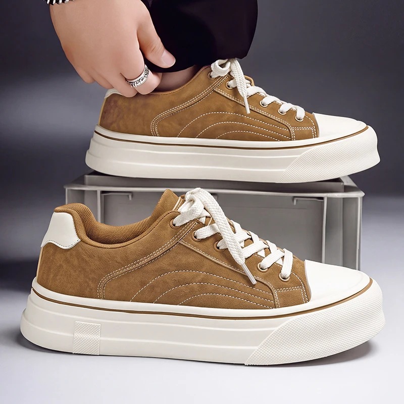 Men Platform Skate Shoes Spring Autumn Faux Leather Sneakers Rubber Shell Toe Chunky Flat Sole Casual Lace Up Footwear