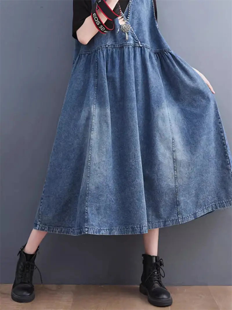 Large Size Women's Clothing Sleeveless Vest Dress Women's Summer Loose V-Neck Vintage Denim Dress Trendy Jeans Vestidos K744