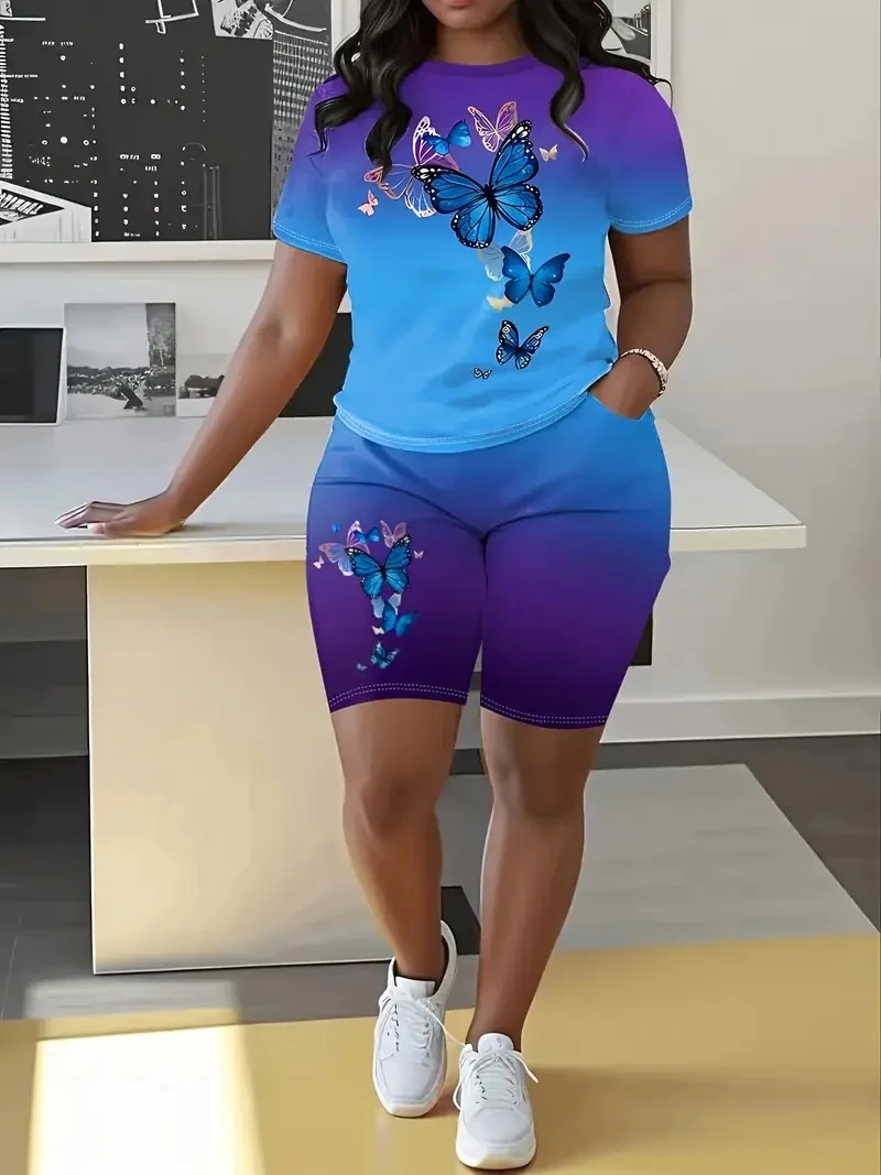 

Женский костюм градиентного цвета с узором бабочки, круглым вырезом, брюки с короткими рукавами и карманами, женский костюм больших размеров