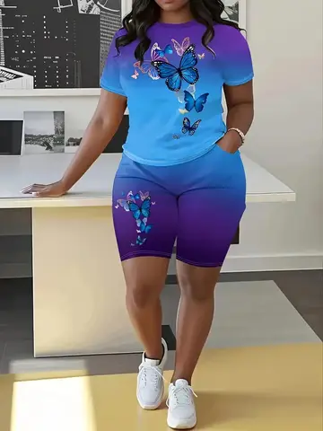 Women's Gradient Color Suit Butterfly Pattern Round Neck Short Sleeve Pocket Pants Plus Size Women's Suit