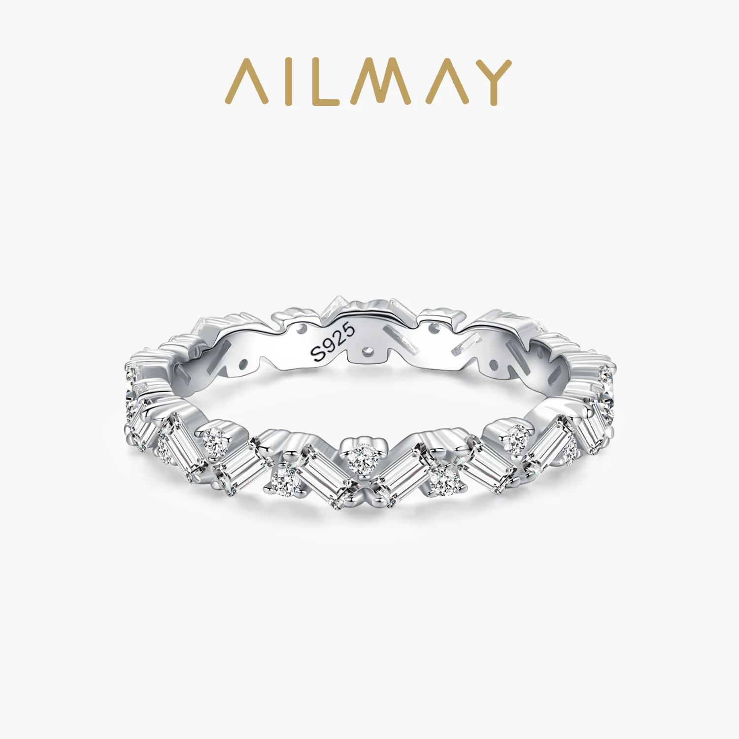 Ailmay Genuine 925 Sterling Silver Classic Luxury Full Cubic Zirconia Finger Rings For Women Classic Wedding Statement Jewelry