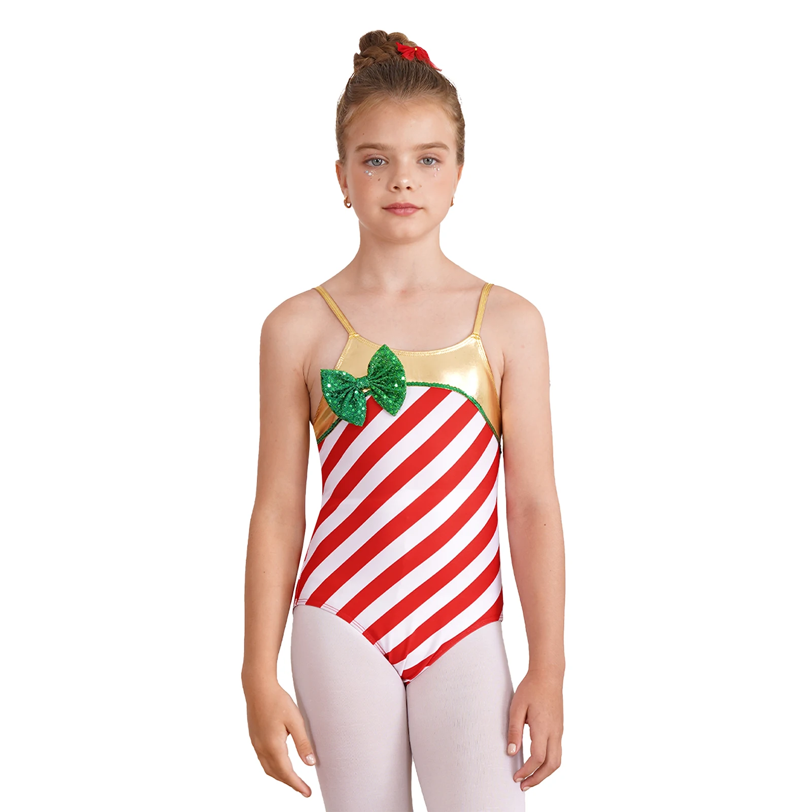 Kids Girls Christmas Candy Cane Costume One-piece Holiday Xmas Ballet Dance Gymnastics Leotard Bodysuit Dancewear Jumpsuit