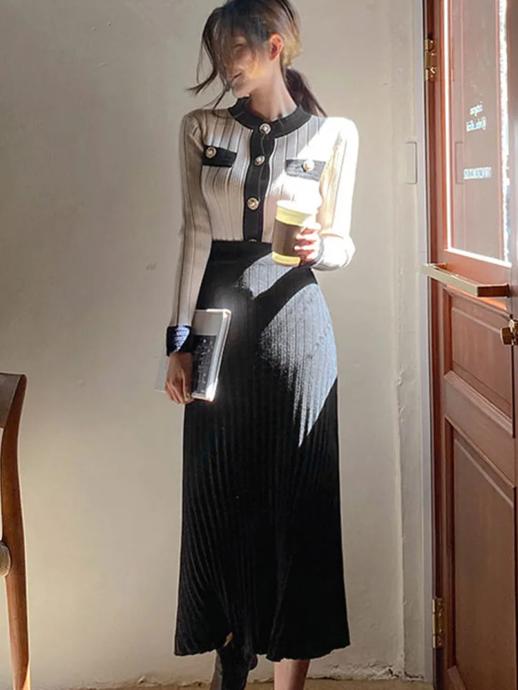 New Korean Fashion Skirt Sets Women Knitted Long Sleeve Sweater Cardigan + Pleated Long Skirt Two Piece Sets Womens Outifits