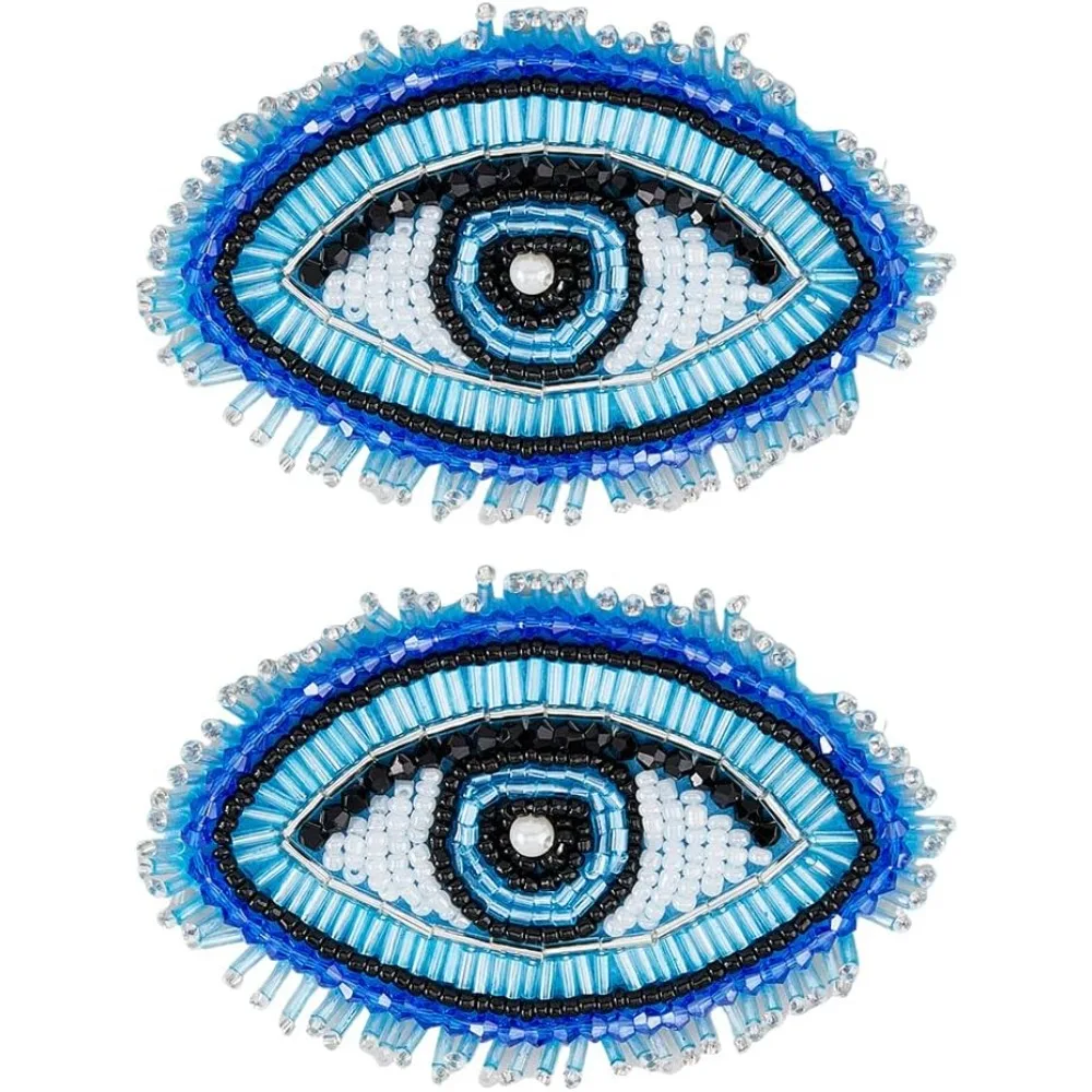 

2Pcs Glass Beaded Evil Eye Theme Patches Deep Sky Blue Sew on Tassel Beaded Patches Evil Eye Appliques with Felt Base