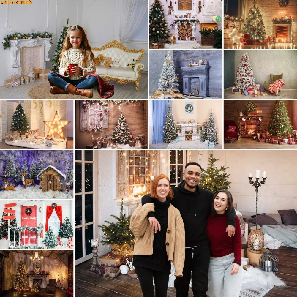 

Christmas New Year Clock Decor Backdrop Photography Vintage Xmas Trees Gifts Snow Winter Indoor Photo Studio Background BH-01