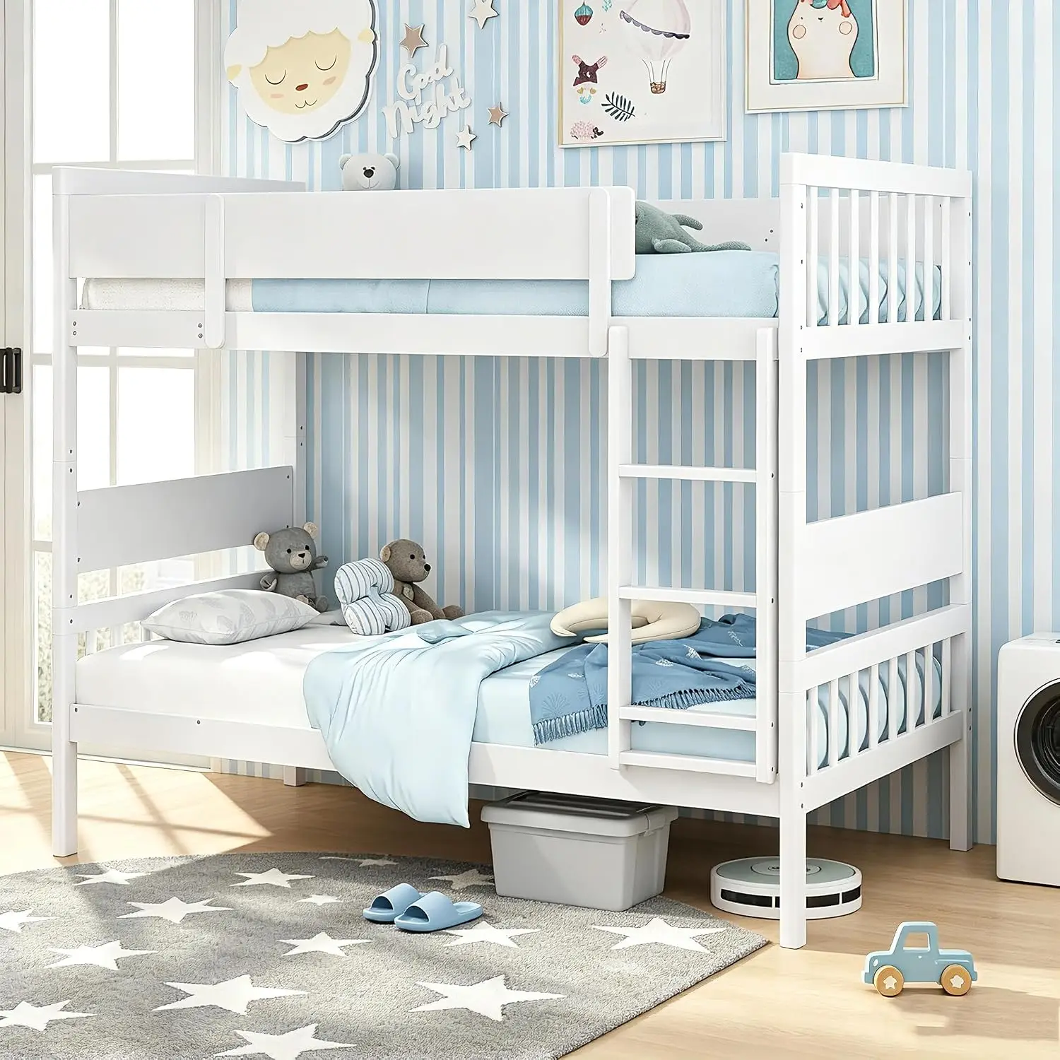 Wood Bunk Bed Twin Over Twin, Solid Wood Bunk Bed Frame With Ladder & Safety Guardrails, Space-Saving Convertible, Customized