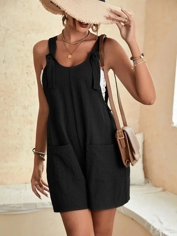 

Women Summer Casual Pockets Short Rompers Elegant Solid Sleeveless Tie Knot Strap Jumpsuits Vintage Harajuku Loose Overalls