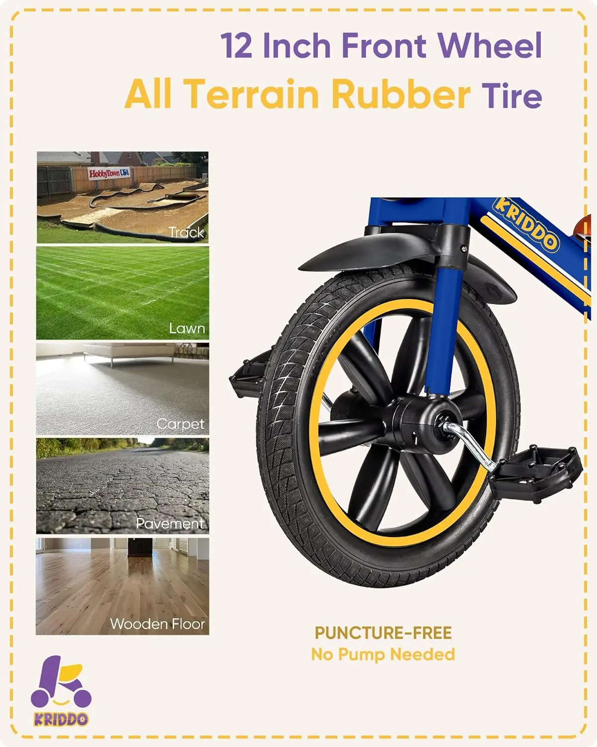 어린이 펑크 프리 휠, 프론트 라이트, 조절 가능한 시트, 12 인치 삼륜차, 2-5 세용 선물, 파란색