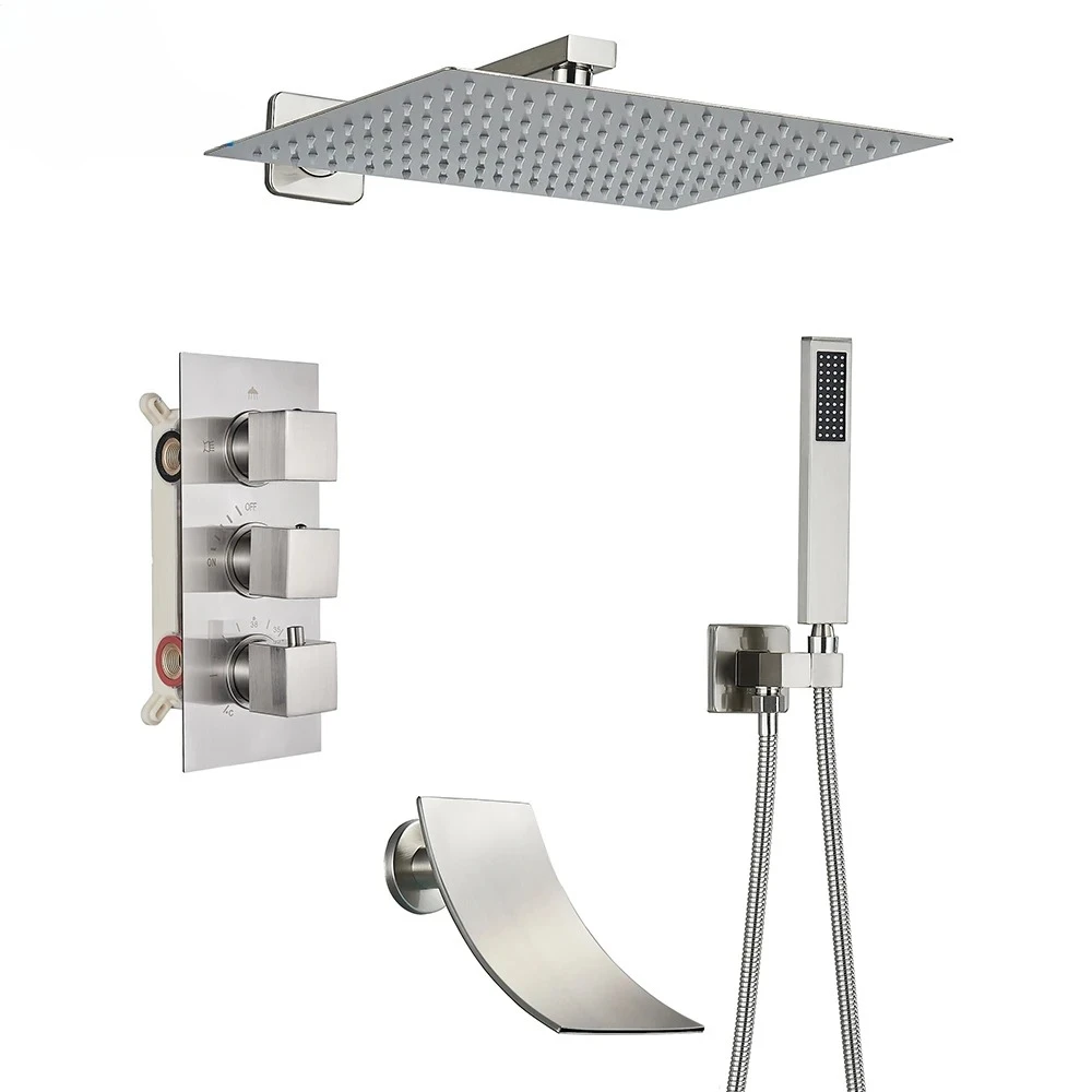 Brushed Nickel Thermostatic Shower Faucet Concealed Bath Shower Set 3-ways Bathroom Tub Mixer Tap Waterfall Spout Faucet