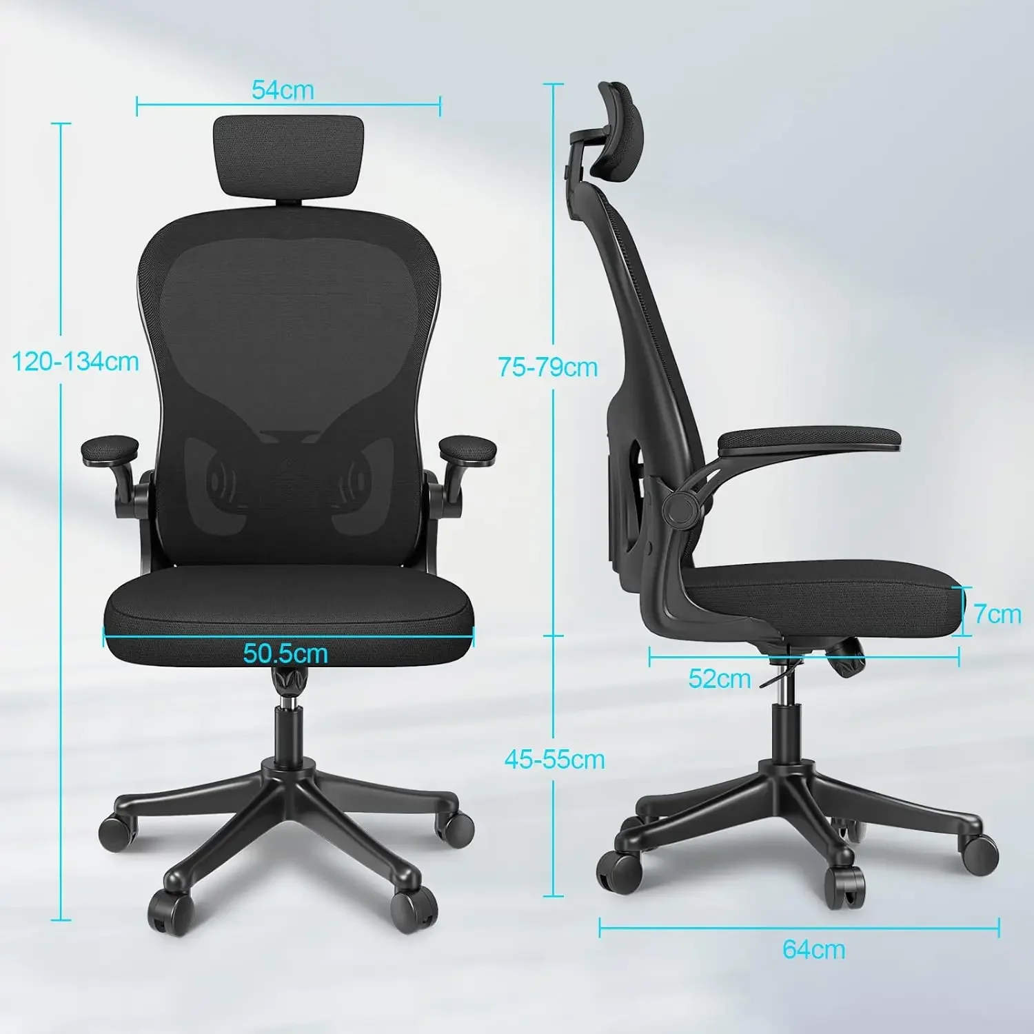 

Silla Oficina Ergonómica, con Soporte Lumbar, Reposacabezas Ajustable, Reposabrazos Abatibles, Silla Escritorio