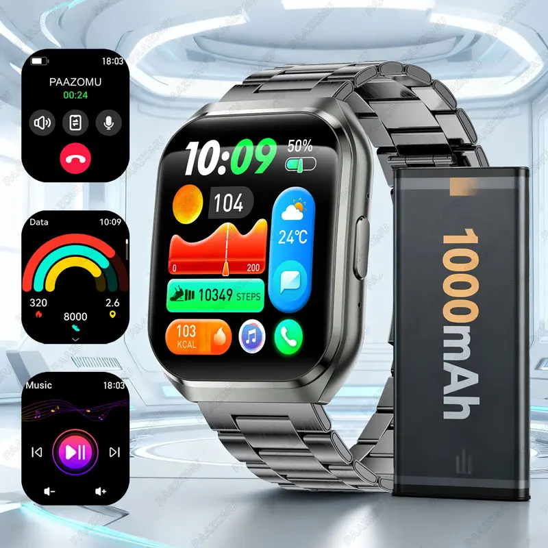 

Новые умные часы 1000 мАч с длительным сроком службы батареи для мужчин и женщин, фитнеса, спорта, Bluetooth-вызов, водонепроницаемые, 1,83 дюйма, полностью сенсорные умные часы