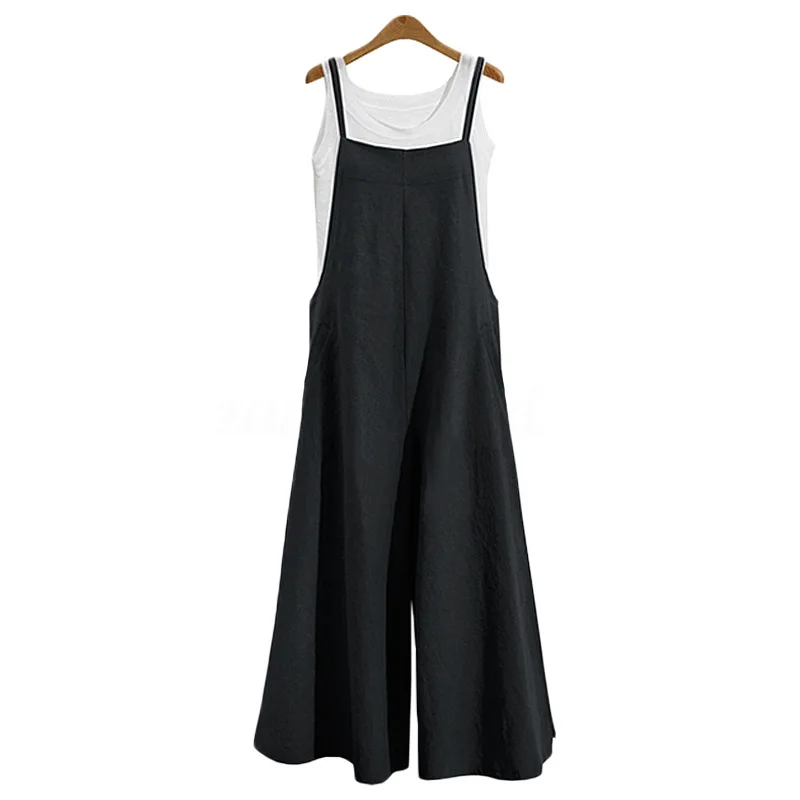 Women Casual Wide-Legged Jumpsuit Cotton Linen Breathable Sleeveless One-Piece Loose Long Jumpsuit Overalls