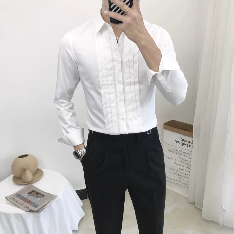 England Style Men Clothing Shirts Spring Autumn New Solid Lapel Pleated Korean Fashion Business Casual Slim Long Sleeve Tops