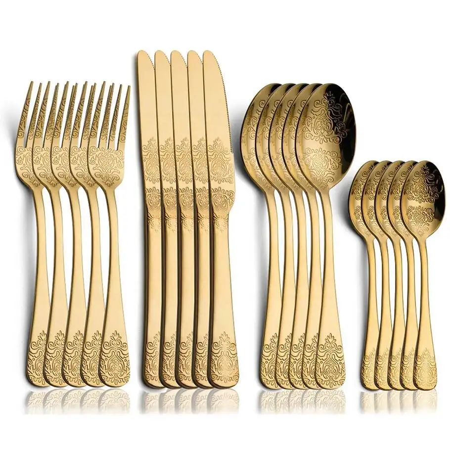 

1/2/4/8/24 шт. золотые наборы столовых приборов, вилка, ложка, нож, набор Sierware, винтажный резной набор посуды, европейская посуда