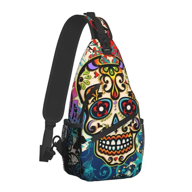 Mexican Sugar Skull Crossbody Sling Backpack Men Custom Day of The Dead Shoulder Chest Bag for Cycling Camping Daypack