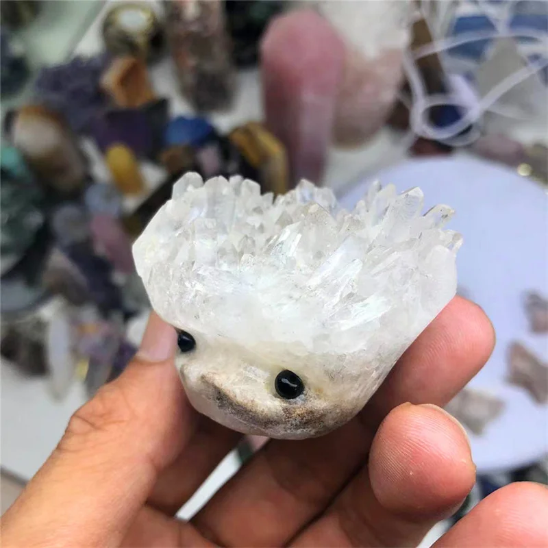 

White Crystal Cluster Hedgehog Natural Stones Carved Gemstones Crafts Healing Reiki Feng Shui Decoration