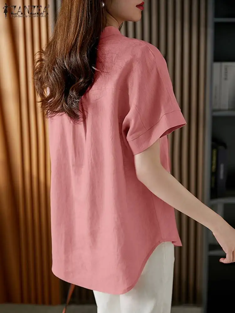 Women Vintage Solid Blouse Casual Cotton Tops Office Lady ZANZEA Summer Short Sleeve Shirt 2024 Oversized Button Up Blouses