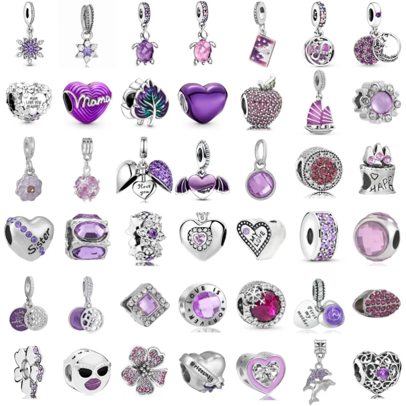 Purple Love Heart Diamonds Charms Beads For Pandora Bracelets Keychain Necklace DIY Jewelry Accessories For MOM Festive Gifts