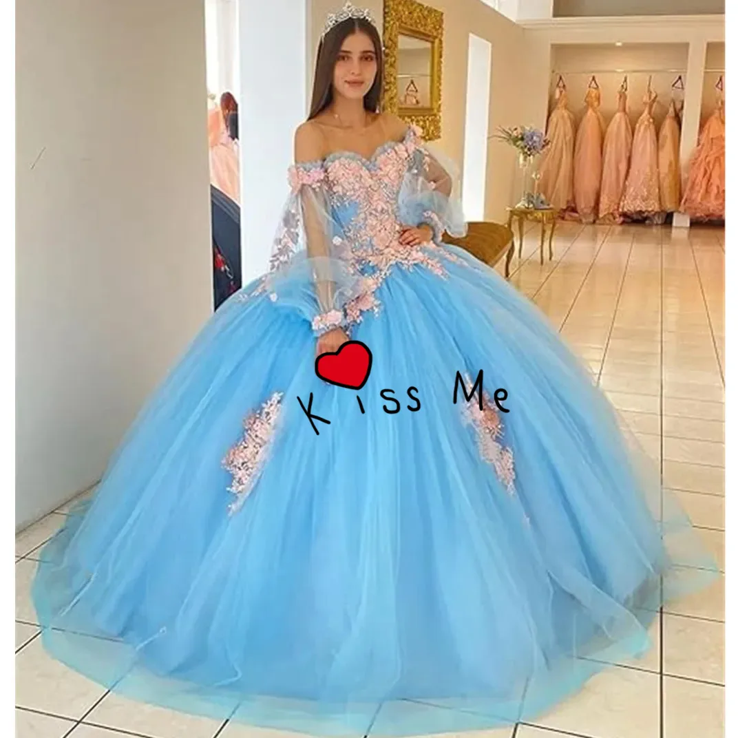 فستان الأميرة قبالة الكتف باللون الأزرق السماوي Quinceanera مطرز لعيد الميلاد من فيستدوس دي نوفيا مزين بثوب التخرج بأربطة