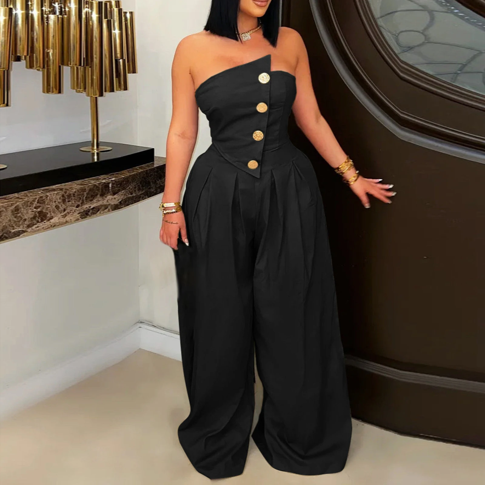 

Elegant Off-Shoulder Jumpsuit with Belted Waist and Wide Leg Pants Stylish Romper for Women s Summer Fashion