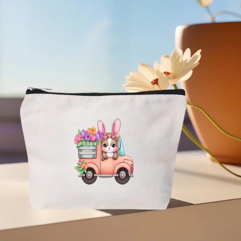 

1PC Easter Bunny Double Sided Canvas Makeup Bag, Cute Rabbit Cosmetic Pouch, Travel Toiletry Organizer Easter Gift