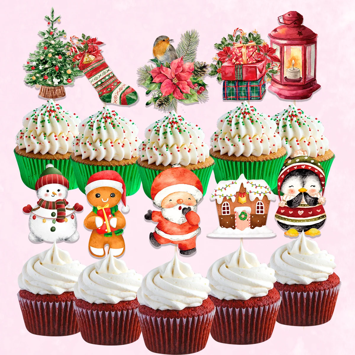 24Pcs Weihnachten Kuchen Topper Karton Santa Claus Schneemann Lebkuchen Mann Cupcake Topper Für Noel Weihnachten Party DIY Kuchen Dekoration