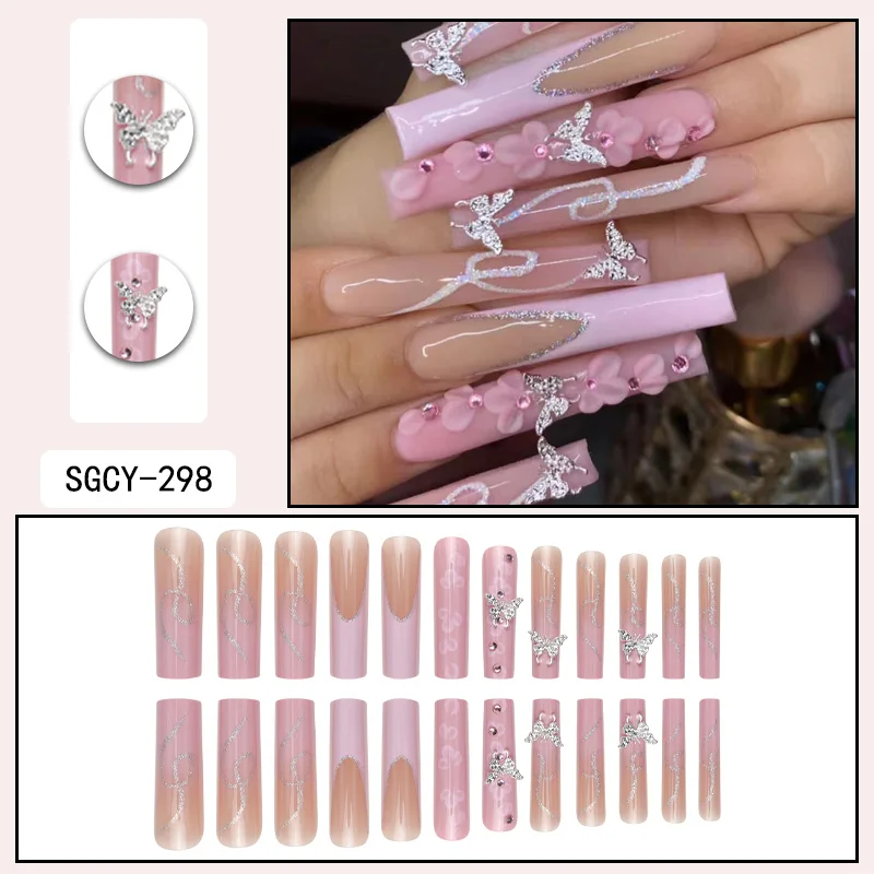 24 piezas de uñas postizas ultra largas en forma de ataúd con patrón francés, degradado y floral, mariposa 3D, puntos de diamante, uñas falsas brillantes 2
