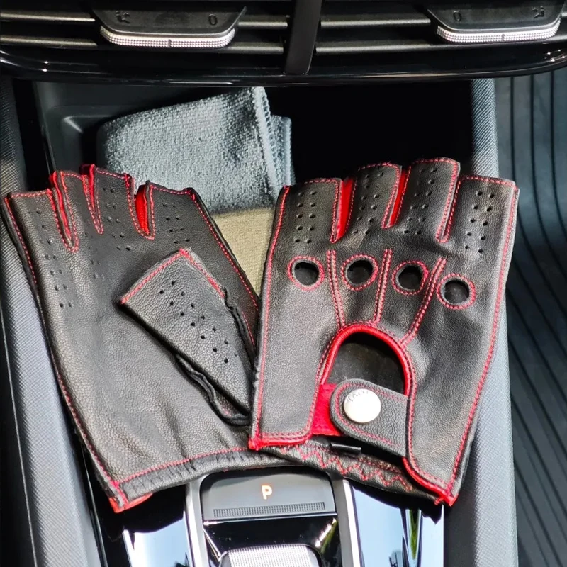 

Retro Leather Gloves Men Genuine Sheepskin Half Finger Mitten Male Racing Driving Motorcycle Colour Blocking Unlined Luvas