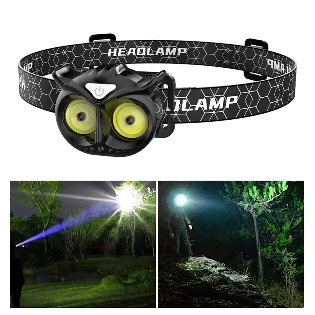 COB Owl Headlamp Waterproof USB Rechargeable Headlight with Hook and Magnetic for Adults Children Running Fishing Riding Camping