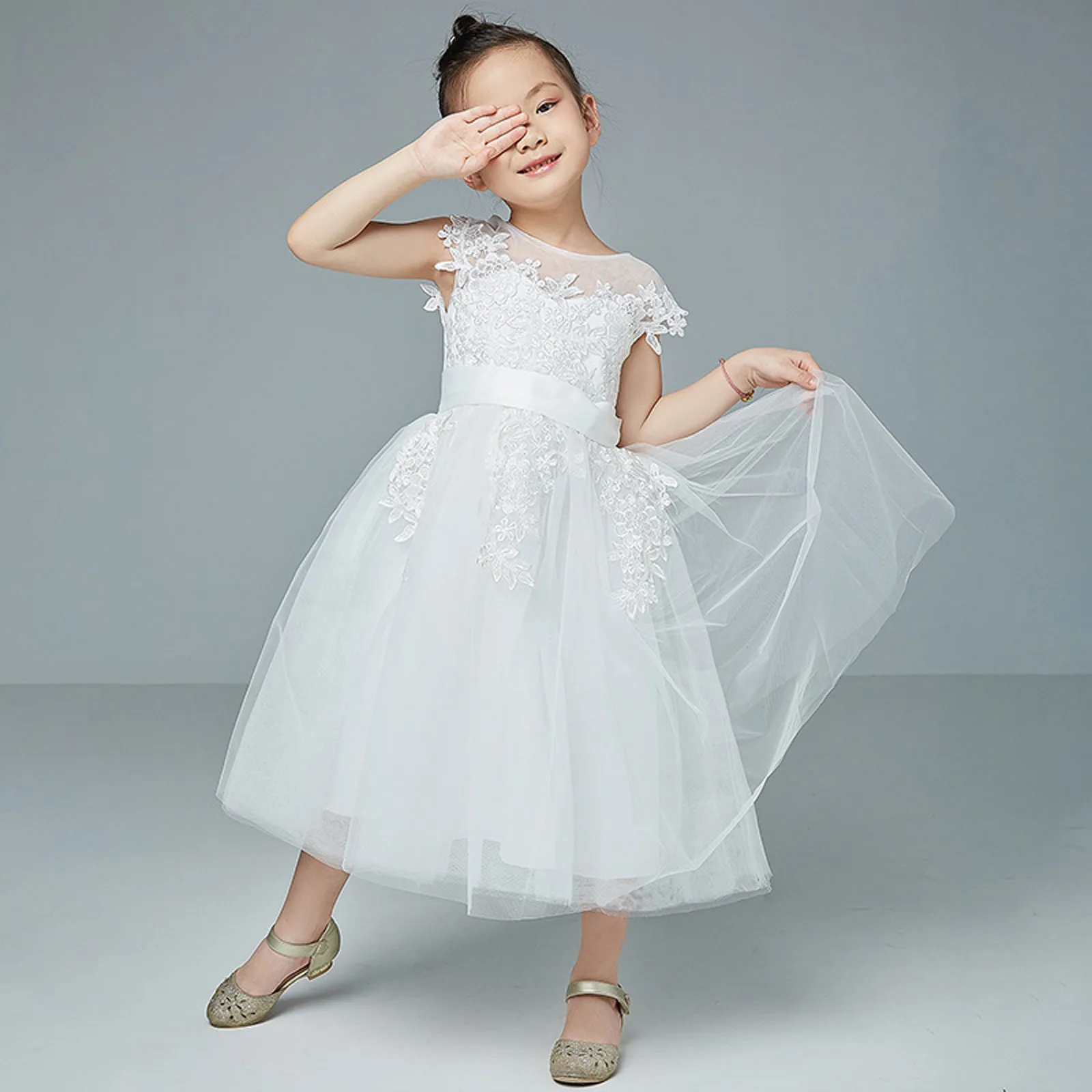 White Wedding Junior Bridesmaid Dress Floral Embroidery Lace Tutu Princess Dress Girls Kids Party Children Clothing For Girl