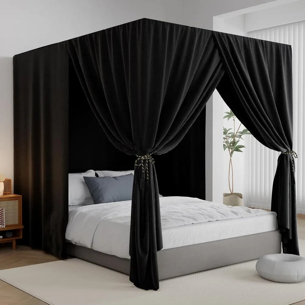 

Black Canopy - 4 Corner Post Bed Curtains Queen Lightproof Drapes Bed Canopy Curtains with Tie Backs, Mosquito Net