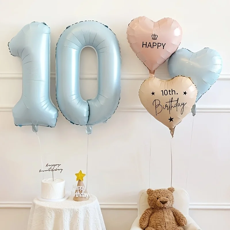 6pcs Number 10 Balloons Pink Blue Heart Aluminum Film Balloon Set Send DIY Stickers Birthday Party Decoration Festival Balloons