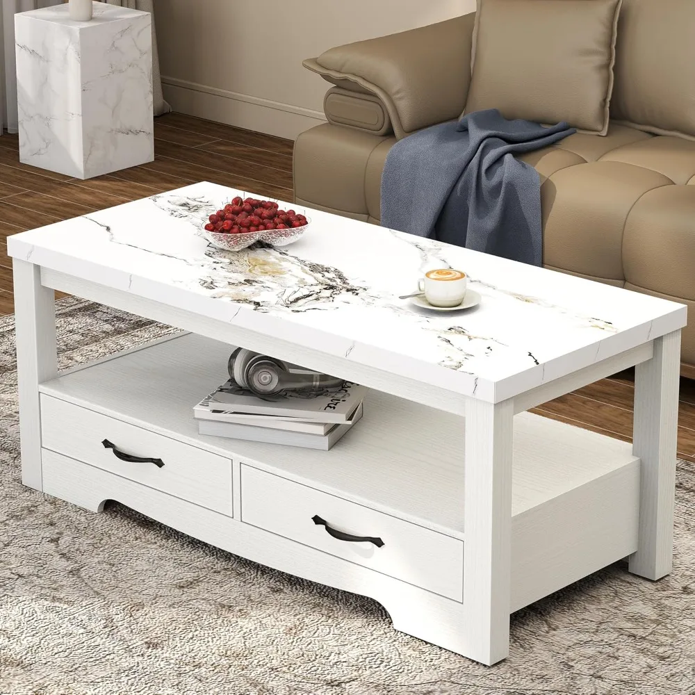 Salontafel 40 kunstmarmeren 2-laags moderne houten rechthoekige middentafel met lades voor woonkamer, vergaderruimte, verdikt