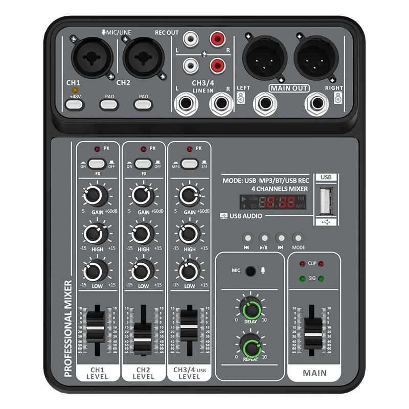4-kanaals audiomixer 48V fantoomvoeding USB Studio Sound Mixers Bluetooth DJ Console Mixing voor Karaok