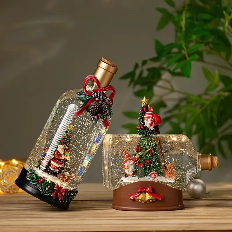 Christmas Message Bottle Music Box Resin Crafts Wine Bottle Snowflake Crystal Ball Glowing Home Decoration Children's Gift