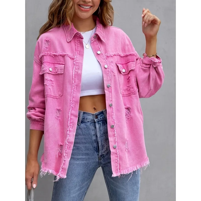 2024 New Broken Holes Solid Color Denim Jacket Ladies Comfortable Casual Loose Button Cardigan Coat Streetwear Women\'s Outerwear