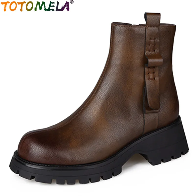 

TOTOMELA 2024 New Zipper Genuine Leather Women Boots Retro Winter Ankle Boots Platform Thick Med Heels Dress Shoes